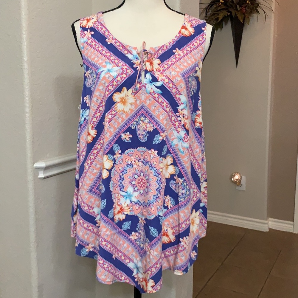 J. Jill pink, blue, peach floral print tank top blouse  Size L